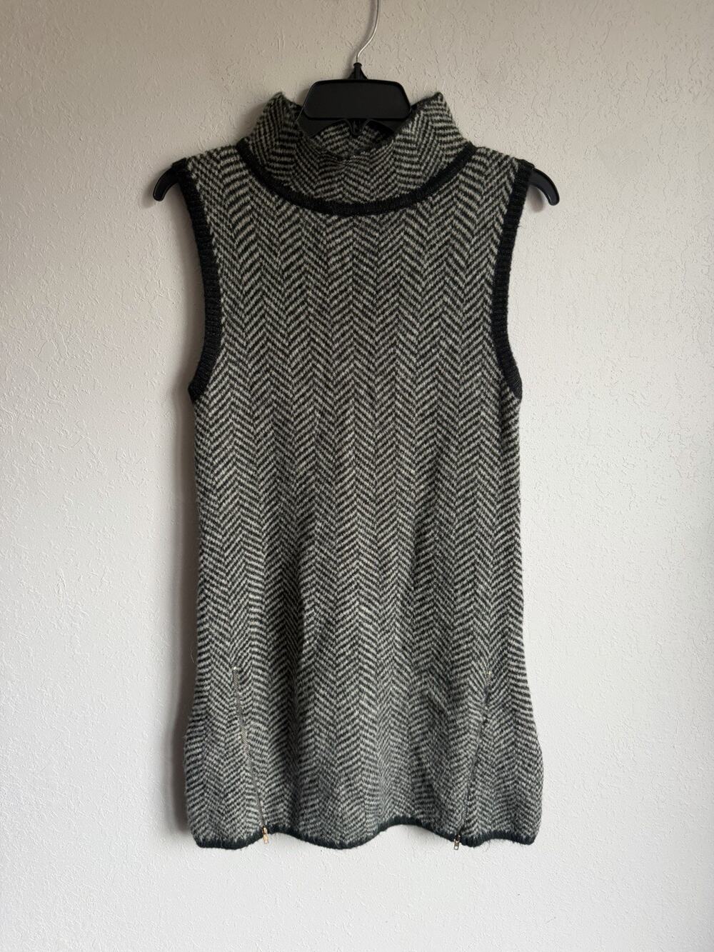 Cliche Gray Black Herringbone Wool Blend Zip Sleeveless Sweater Dress Womens M